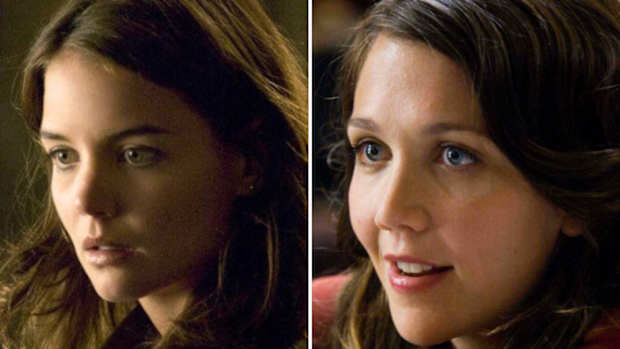 Katie Holmes as Rachel Dawes in Batman Begins (2005). Maggie Gyllenhaal as Rachel Dawes in The Dark Knight (2008)