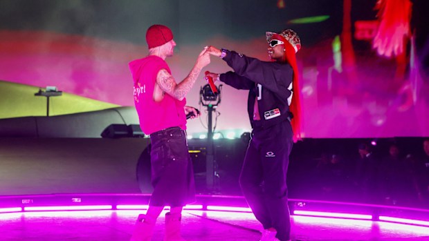 Justin Bieber and Sexxy Red perform at the Coachella Stage during the 2026 Coachella Valley Music and Arts Festival at Empire Polo Club on April 18, 2026 in Indio, California.