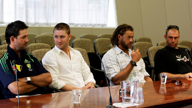 Ricky Ponting, Michael Clarke, Andrew Symonds and Matthew Hayden during the appeal into the Harbhajan Singh "Monkeygate" scandal in 2008.