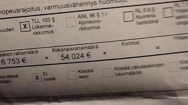 A copy of Reima Kuisla's $77,000 speeding fine 