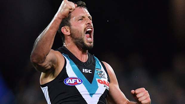 Travis Boak of the Power reacts after scoring a goal