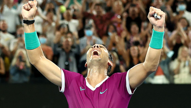 Rafael Nadal of Spain celebrates match point in his Men's Singles Final match against Daniil Medvedev of Russia 