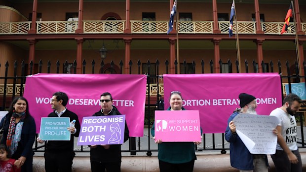 A small group of pro life anti abortion protesters rally outside NSW State Parliament as the Reproductive Health Care Reform Bill 2019 debate continues in the New South Wales. 