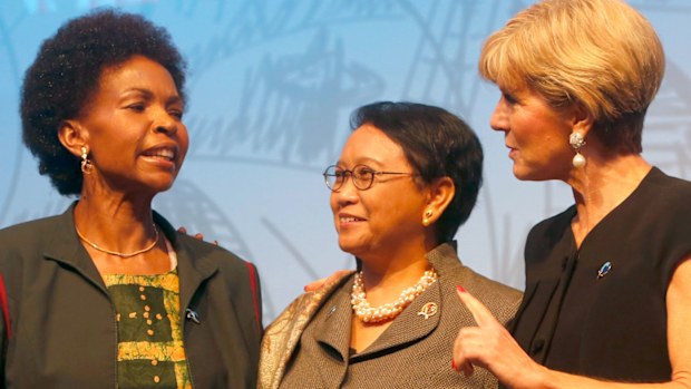 Australian Foreign Affairs Minister Julie Bishop (far right) talks to South African International Relations and Cooperation Minister Maite Nkoana-Mashabane and Indonesian Foreign Minister Retno Marsudi at the Indian Ocean Rim Association summit in Jakarta. (AAP)