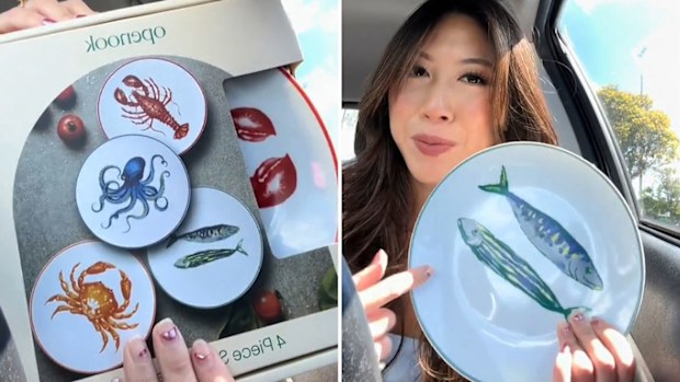 Joy Tan Pillay shows the Big W In the Roundhouse-inspired plates she just purchased.