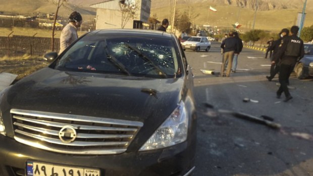 This photo released by the semi-official Fars News Agency shows the scene where Mohsen Fakhrizadeh was killed in Absard, a small city just east of the capital, Tehran, Iran, Friday, Nov. 27, 2020
