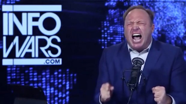 An agitated Alex Jones broadcasts on his Infowars show.