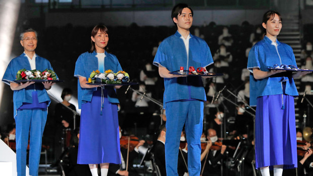 The podium, music, costume and medal tray that will be used during the victory ceremonies at the Tokyo 2020 Olympic and Paralympic Games
