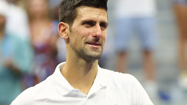 Novak Djokovic tears up following his US Open loss to Daniil Medvedev.