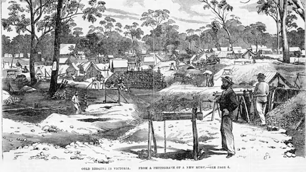 An 1862 engraving shows an encampment on the Victorian goldfields. 