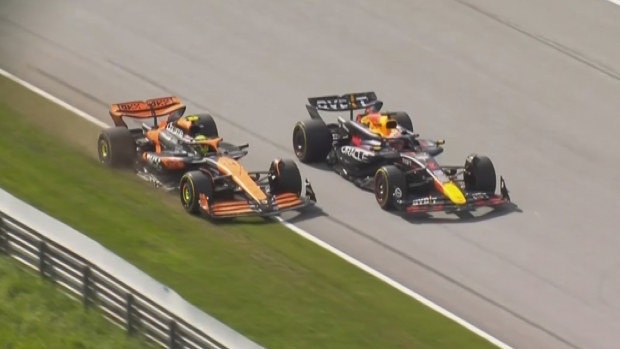 Max Verstappen and Lando Norris collided at the turn three hairpin while battling for the lead with seven laps remaining of the Austrian Grand Prix. Although both had punctures, Verstappen tried to block Norris on the exit of the corner.