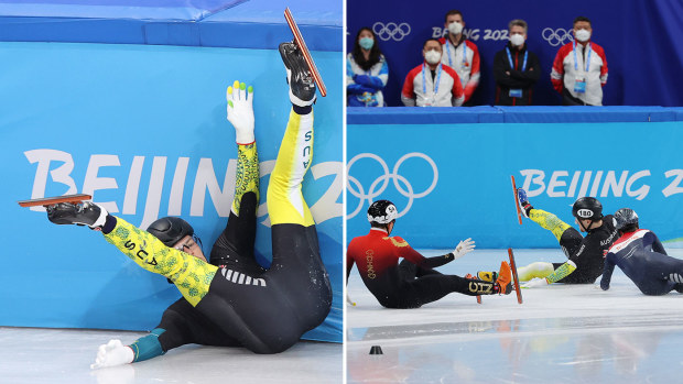 Brendan Corey of Team Australia crashes during the Men's 1000m Quarterfinals