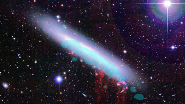 An image of spiral galaxy NGC 4330 in the Virgo Cluster. Ram pressure stripped hot gas is shown in red and a blue overlay shows star-forming gas. Fossatie et al. (2018)