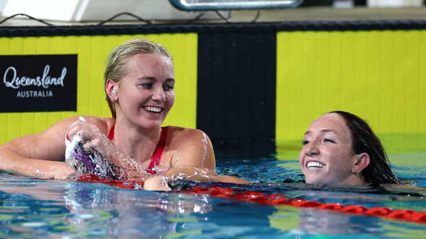 Ariarne Titmus (left) and Lani Pallister after the women's 400m freestyle final.
