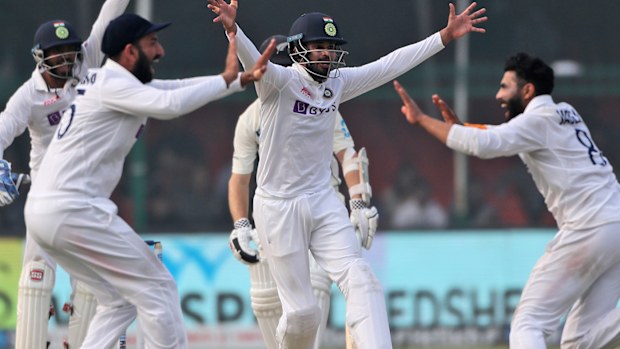 Indian celebrates the wicket of New Zealand's Kane Williamson on the final day of the first Test.