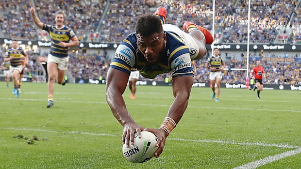 Maika Sivo scores in Parramatta's big win over Brisbane.