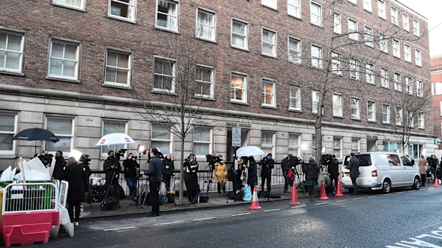 The media gather outside of The King Edward VII hospital where Prince Philip, Duke of Edinburgh is currently receiving treatment on February 18, 2021 in London, England
