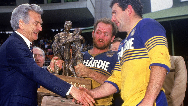 Prime Minister Bob Hawke with Ray Price and Mick Cronin after Parramatta's 1986 grand final win over Canterbury.
