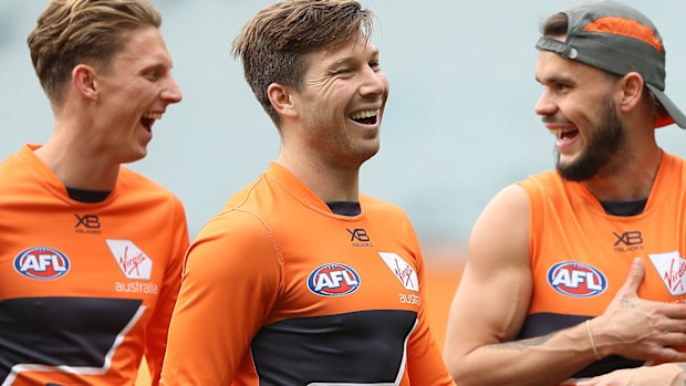 Toby Greene and Zac Williams of the Giants share a laugh during a Greater Western Sydney Giants AFL training session