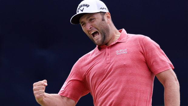Jon Rahm of Spain celebrates after making a putt for birdie on the 18th green during the final round of the 2021 US Open.