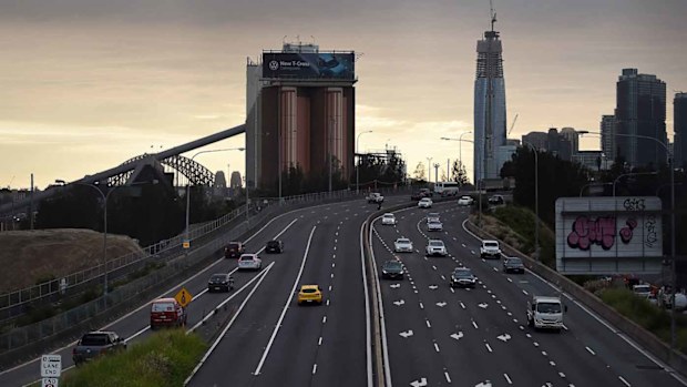 Peak hour on the Anzac Bridge in Sydney.