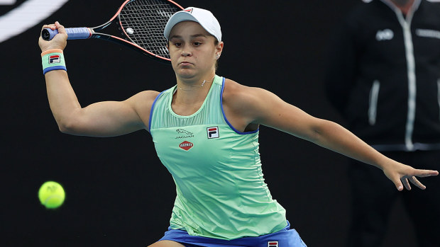 Ashleigh Barty of Australia reacts during her Women's Singles fourth round match against Alison Riske 