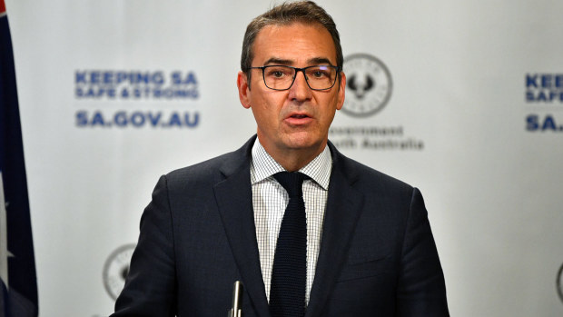 South Australian Premier Steven Marshall speaks to the media in Adelaide, Friday, April 17, 2020