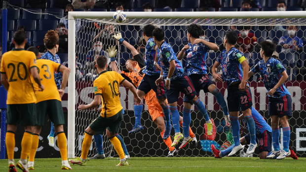 : Ajdin Hrustic of Australia scores his side's first goal from a free kick during the FIFA World Cup Asian qualifier final round Group B match between Japan and Australia at Saitama Stadium on October 12, 2021 in Saitama, Japan. (Photo by Etsuo Hara/Getty Images)