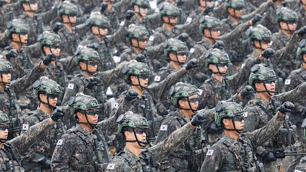 South Korean troops march during a celebration to mark the 75th anniversary of Armed Forces Day.