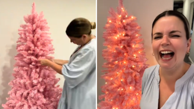 Woman shows off giant pink Kmart Christmas tree hack