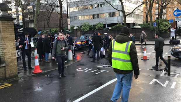 The scene outside London Central Mosque in Regent's Park, where police have arrested a man on suspicion of attempted murder, in London, Thursday, Feb. 20, 2020.
