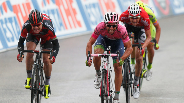 Cadel Evans (left) and Michael Matthews taking on the 2014 Giro d'Italia.