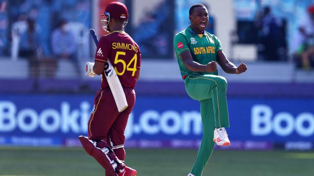Kagiso Rabada of South Africa celebrates the wicket of Lendl Simmons of West Indies during the ICC Men's T20 World Cup