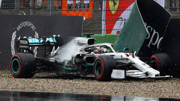 Lewis Hamilton hits the barriers during the German Grand Prix.