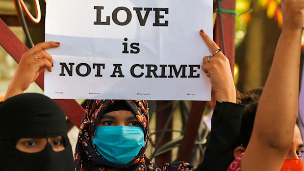 A protester during a demonstration in opposition to proposed laws against 'Love Jihad' in Bangalore.
