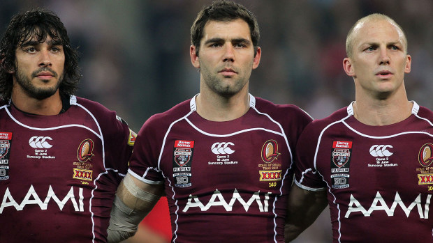 Johnathan Thurston, Cameron Smith and Darren Lockyer representing the Maroons. 