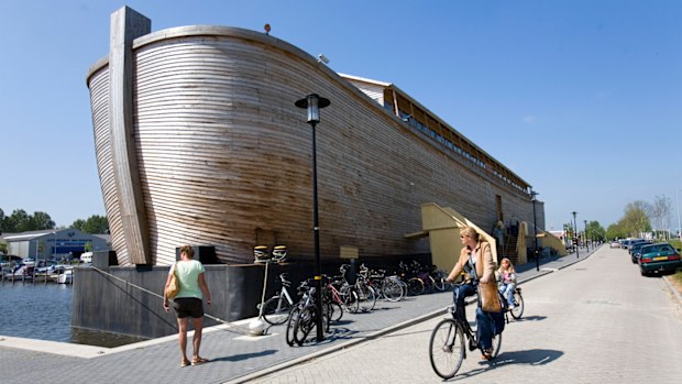 The replica of the biblical Noah's Arc in Schagen, Netherlands, before it was towed to the UK.