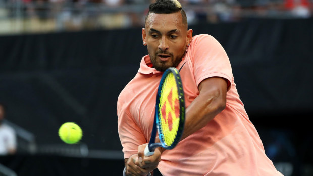 Nick Kyrgios of Australia plays a backhand during his Men's Singles third round match against Karen Khachanov of Russia on day six of the 2020 Australian Open at Melbourne Park on January 25, 2020 in Melbourne, Australia. 