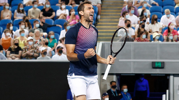Marin Cilic of Croatia reacts in his third round singles match against Andrey Rublev of Russia 