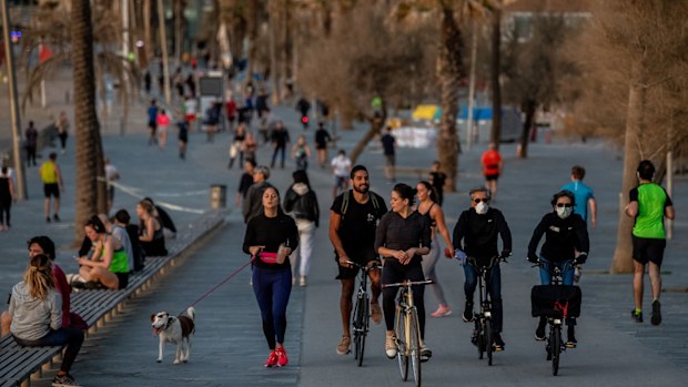 People exercise outdoor on May 02, 2020 in Barcelona, Spain. 