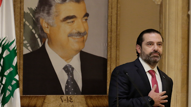 Saad Hariri speaks during an address to the nation in Beirut, Lebanon, Tuesday, Oct. 29, 2019.  (AP Photo/Hassan Ammar)