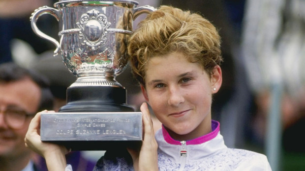 Monica Seles after her victory over Arantxa Sanchez Vicario at the 1991  French Open.