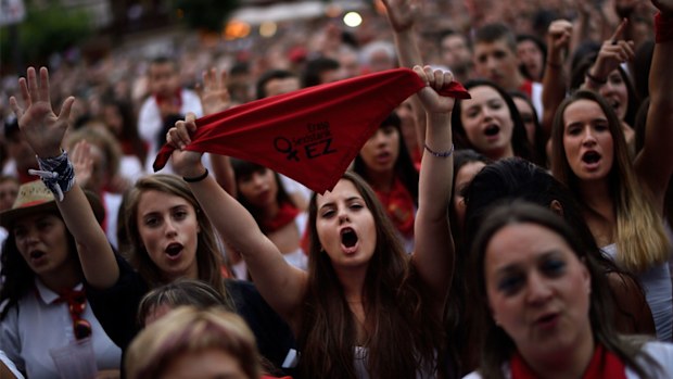 People protest against alleged sexual assaults during the San Fermin festival in Pamplona, northern Spain (AP Photo/Alvaro Barrientos, File)