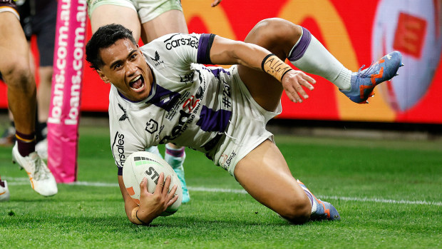 Sua Fa'alogo scores for the Storm against the Broncos on his NRL debut in Round 27 of 2023. Josh Woning - J&A Photography