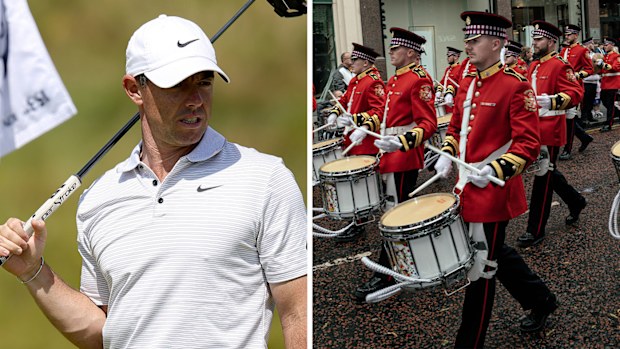 Rory McIlroy during a practice round ahead of the 2025 Open Championship, and the Gertrude Star Flute Band marching down Donegal Place in Belfast City centre for the 2023 Orange March.