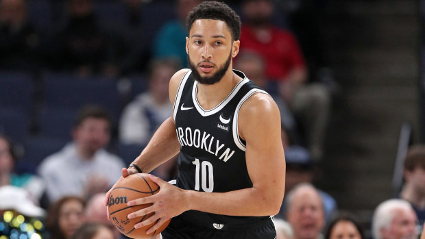 Ben Simmons on the floor for the Brooklyn Nets in February 2024, before being shut down due to a back injury.