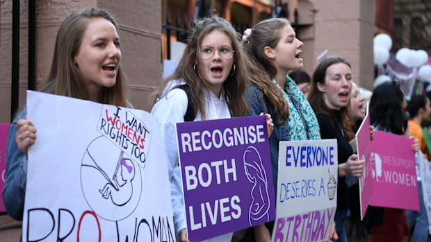 Advocates hold placards during a rally outside the New South Wales Parliament.