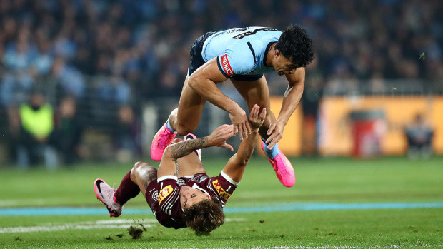 Joseph Suaalii was sent off for this hit on Maroons fullback Reece Walsh during State of Origin 1 at Accor Stadium, Sydney. Photo: NRL Photos / Brett Costello
