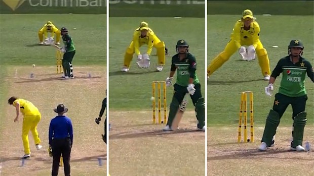 Nida Dar backing away too late from a Tahlia McGrath delivery.