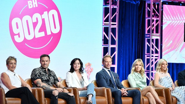 Gabrielle Carteris, Brian Austin Green, Shannen Doherty, Ian Ziering, Jennie Garth andTori Spelling of BH 90210 speak during the Fox segment of the 2019 Summer TCA Press Tour at The Beverly Hilton Hotel on August 7, 2019 in Beverly Hills, California. 
